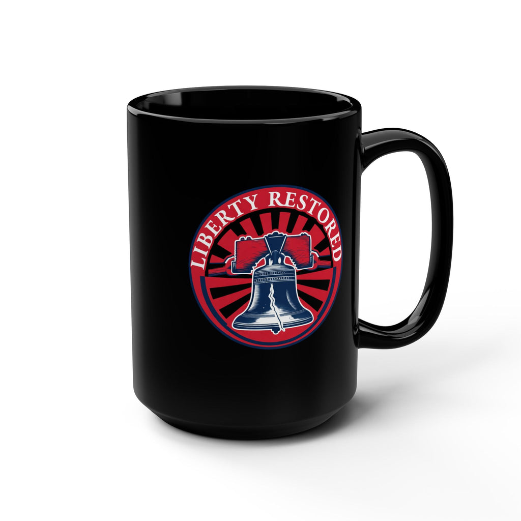 Liberty Restored 15oz Black Mug — Patriotic Bell Coffee Cup