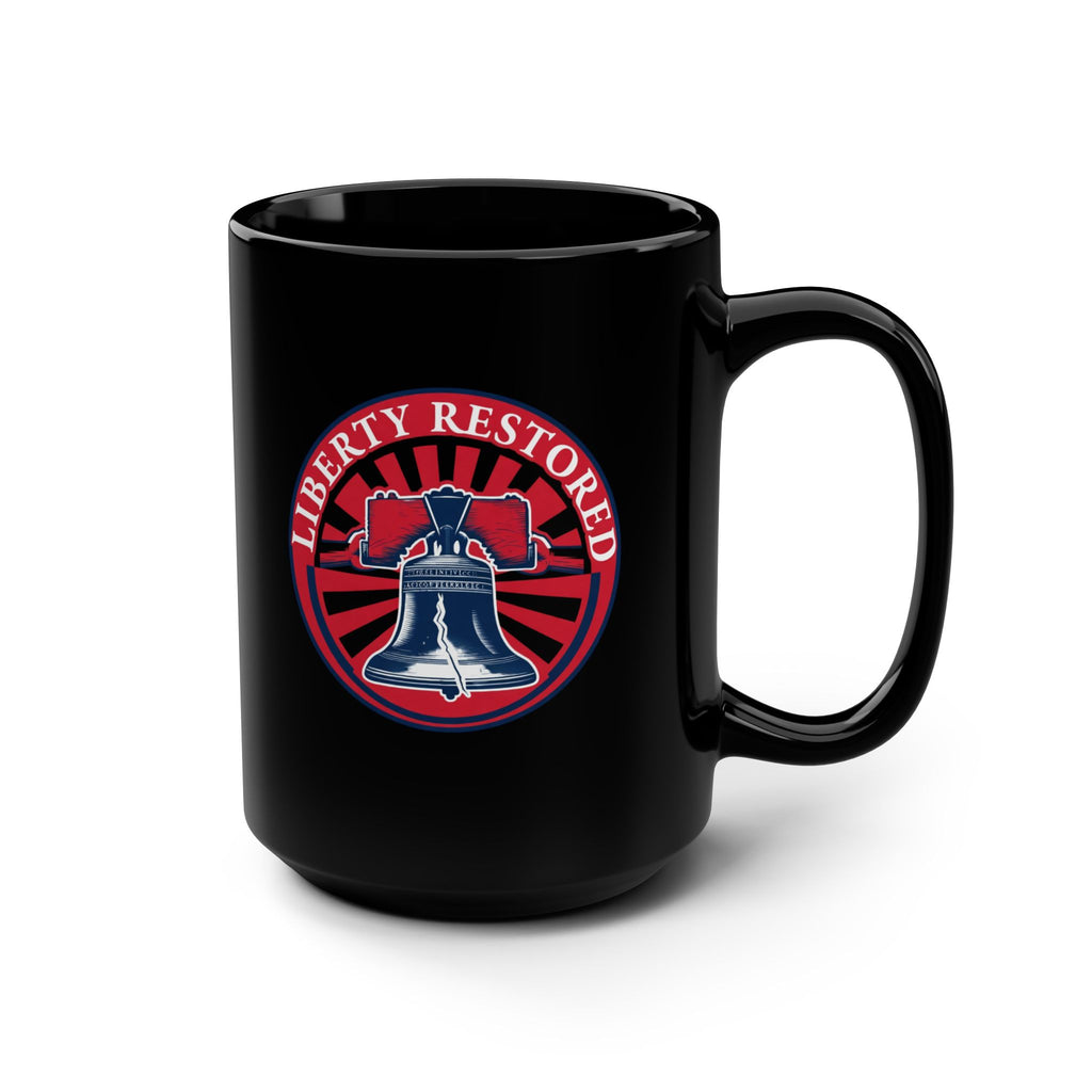 Liberty Restored 15oz Black Mug — Patriotic Bell Coffee Cup